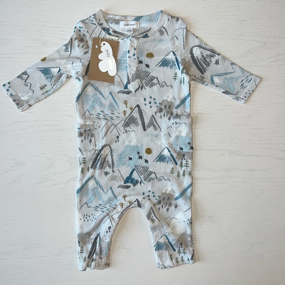 Angel Dear Blue Mountains Henley Waffle Romper 3-6 12-18 18-24 months